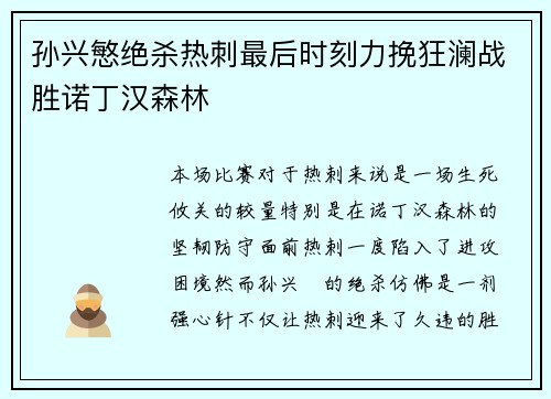 孙兴慜绝杀热刺最后时刻力挽狂澜战胜诺丁汉森林